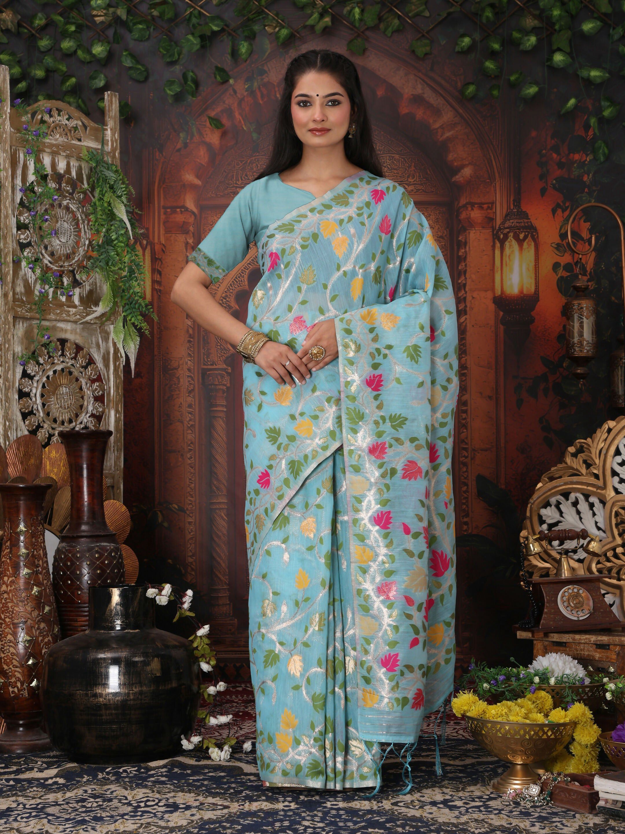 Shree Shyam Fashion Linen Cotton Sky Blue Saree