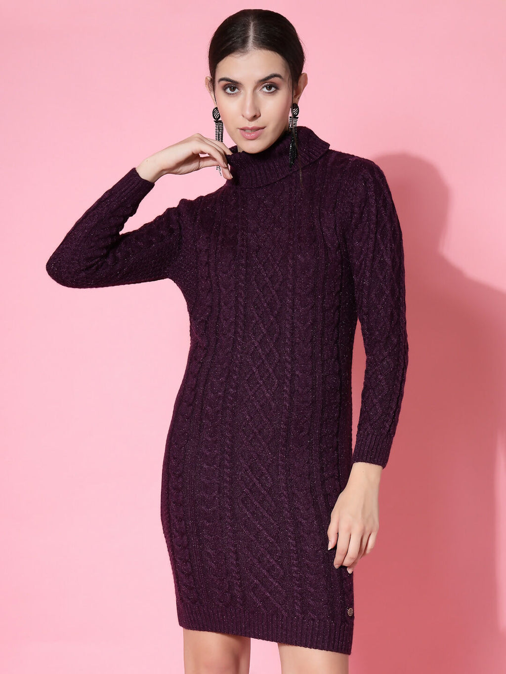 Women Purple Acrylic Self Design Winter Dress - Wool Trees