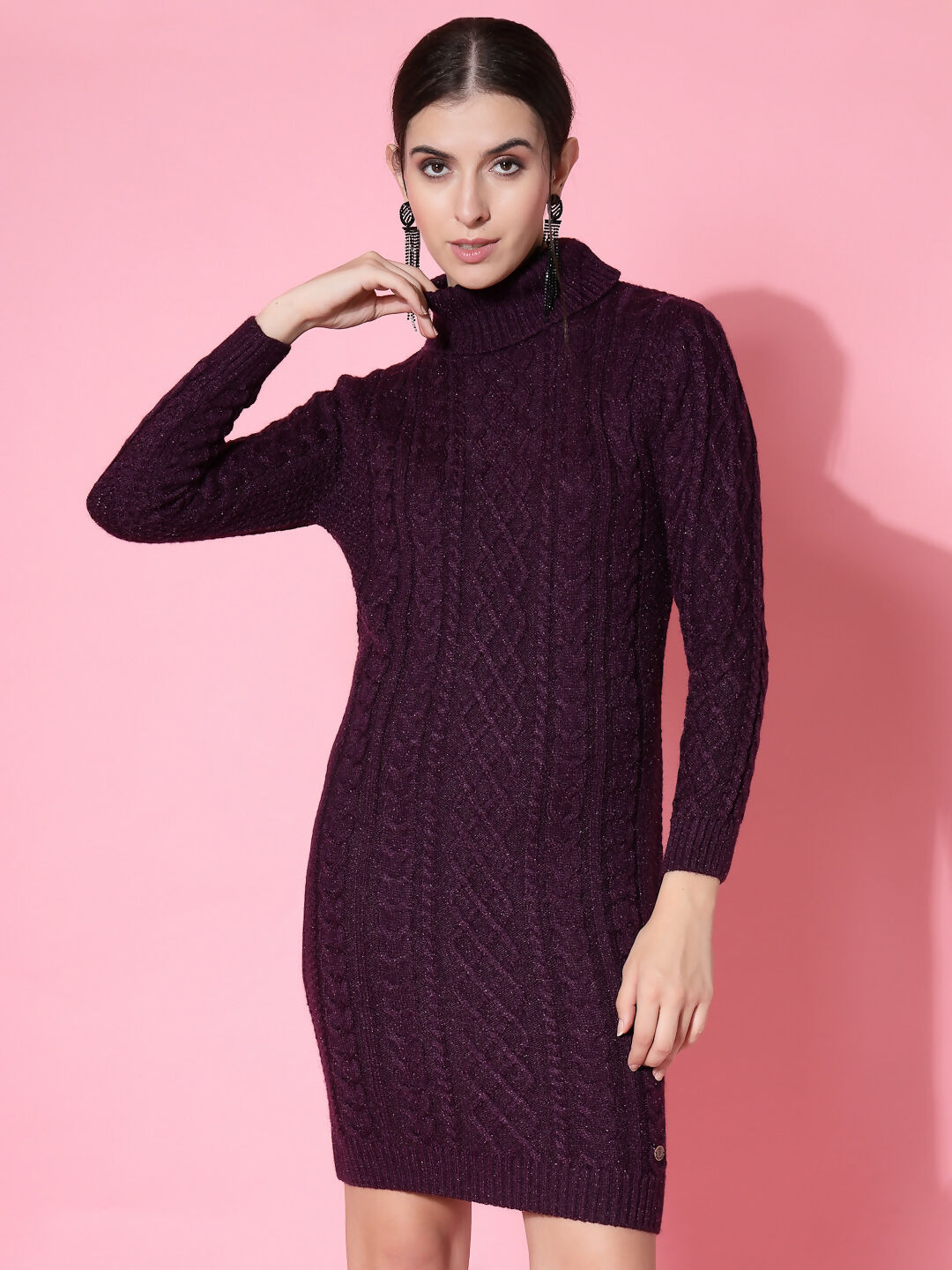 Women Purple Acrylic Self Design Winter Dress - Wool Trees