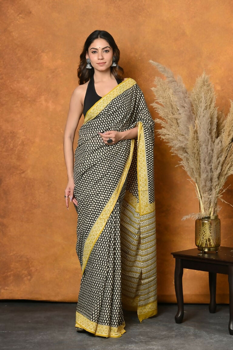 Very Much Indian Handblock Printed Cotton Saree With Natural Dyes - Black & White