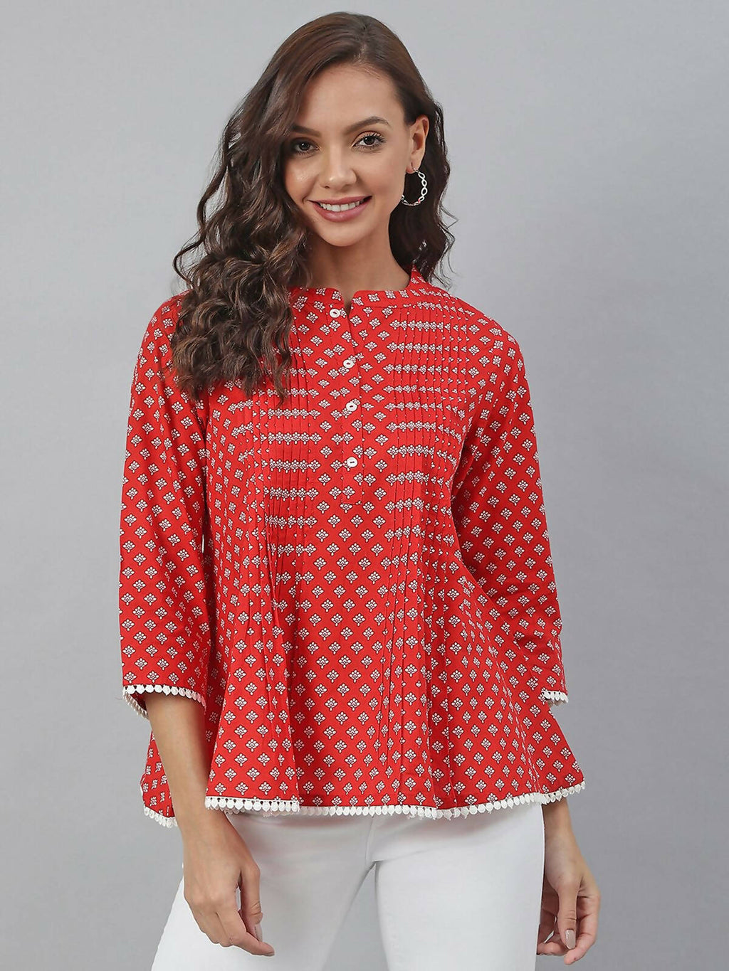 Janasya Women's Red Cotton Floral Print Flared Top
