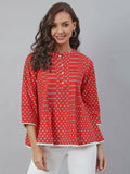Janasya Women's Red Cotton Floral Print Flared Top