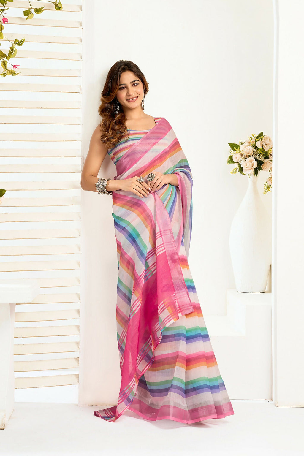 Vastranavya Rainbow Digital Printed Linen Ready To Wear Designer Saree with Unstitched Blouse