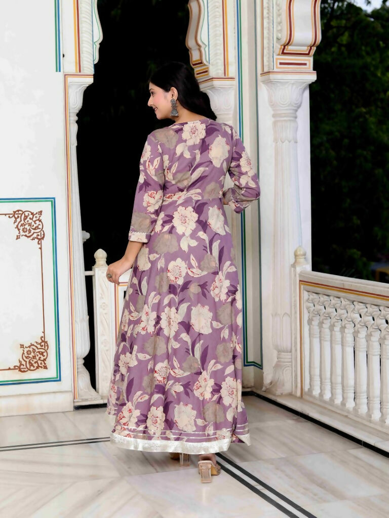 Miravan Women's Purple Flower Printed With Beautiful Lace Border Details Anarkali Kurta