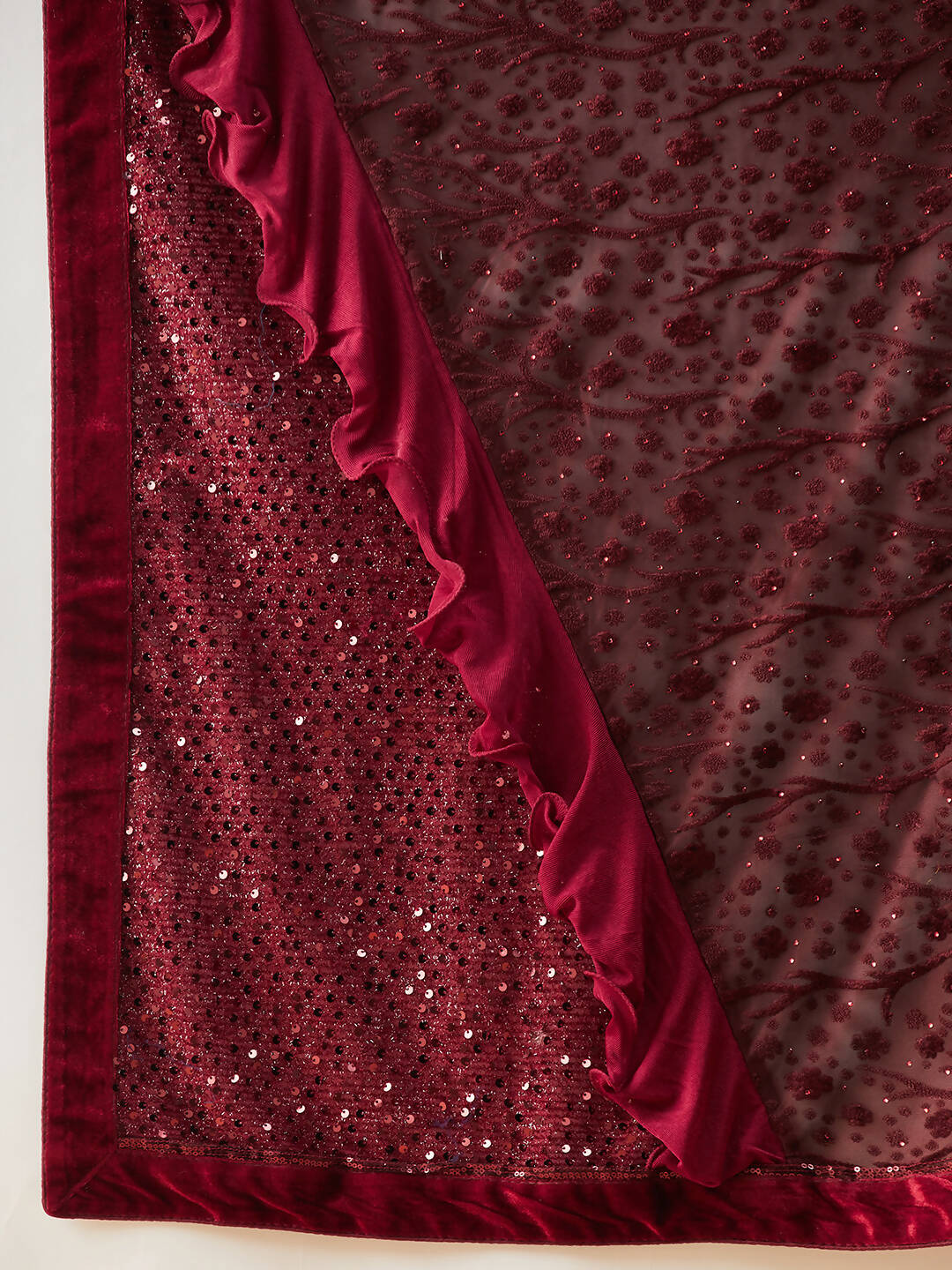 Maroon Lycra Embossed Fancy Velvet, Sequins Embroidery, Frill Details Saree - Norita Hit Design