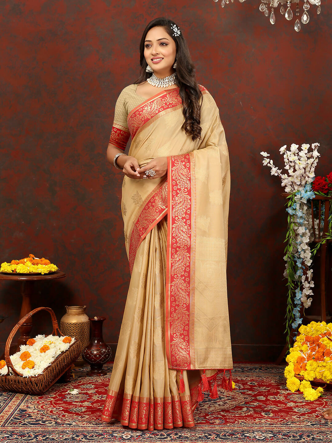 Lorenvalley Fashion Cream Cotton Woven Design with Zari Weaving Design Saree