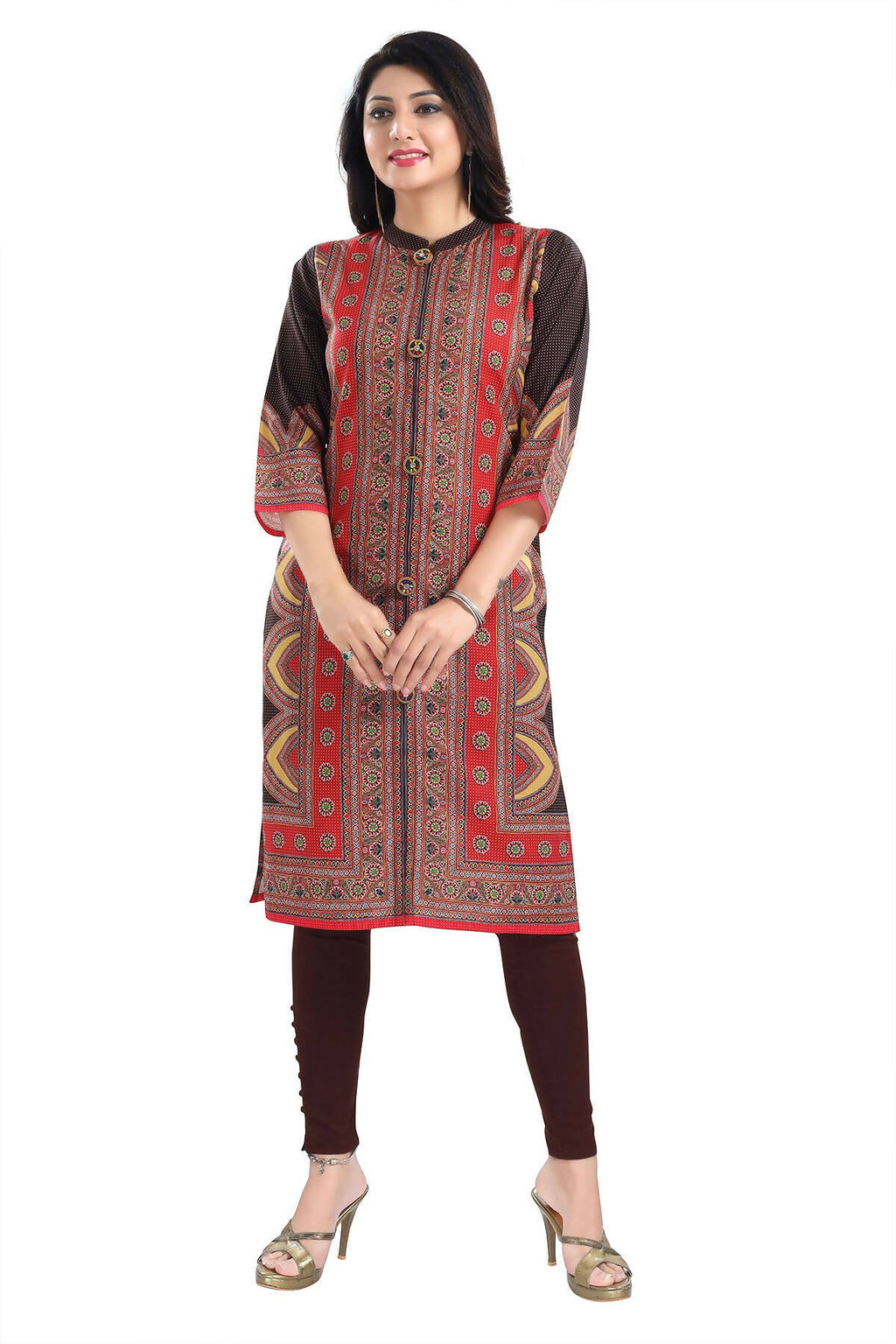 Snehal Creations Bombastic Brown Designer Digital Print Cotton Slub Fabric Long Kurti Tunic
