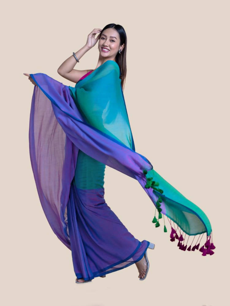 Suta Purple Green Colourblocked Mul Saree