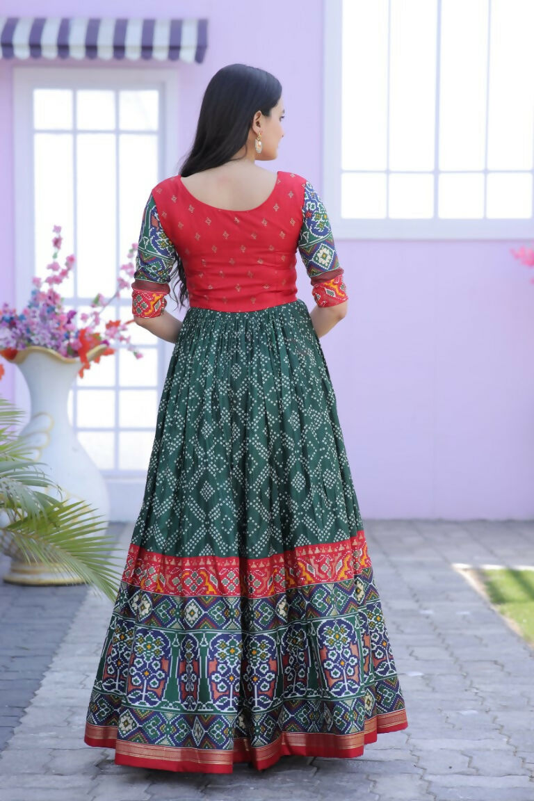 Jyoti Fashion Women's Bottle Green Patola with Foil Print Dola Silk Anarkali Dress