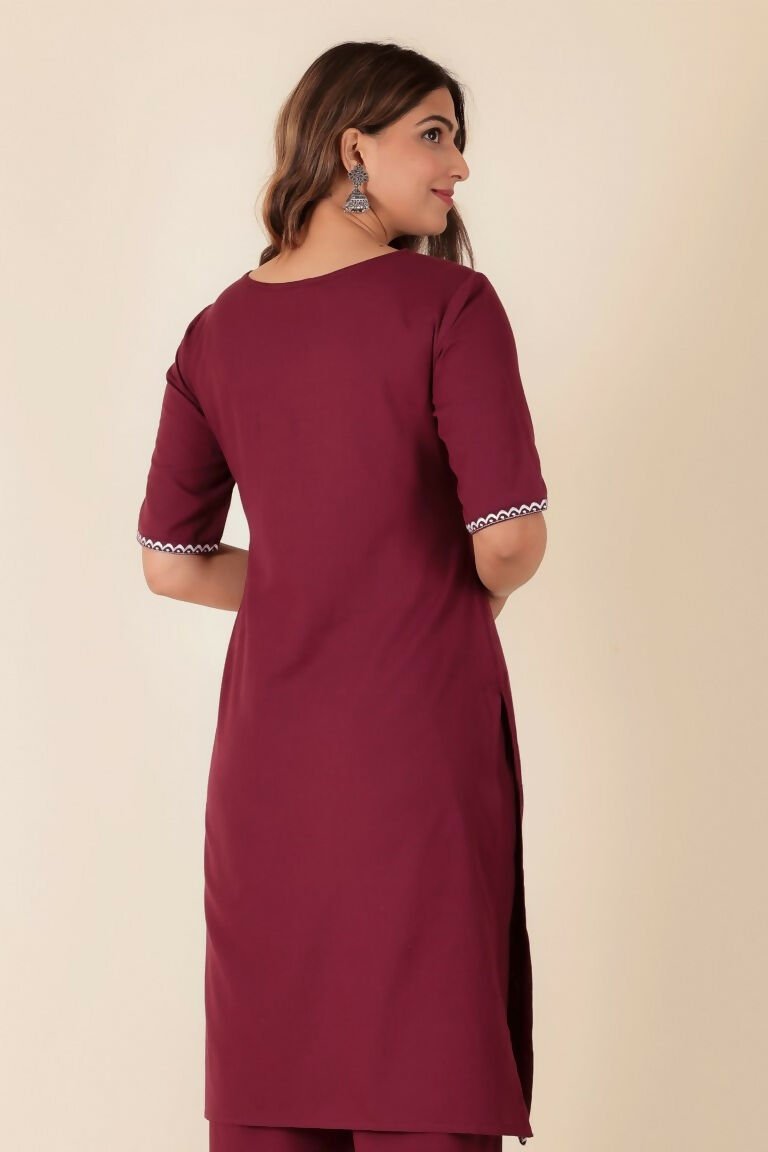 Aramya Maroon Linen Cotton Solid Straight Kurta for Women