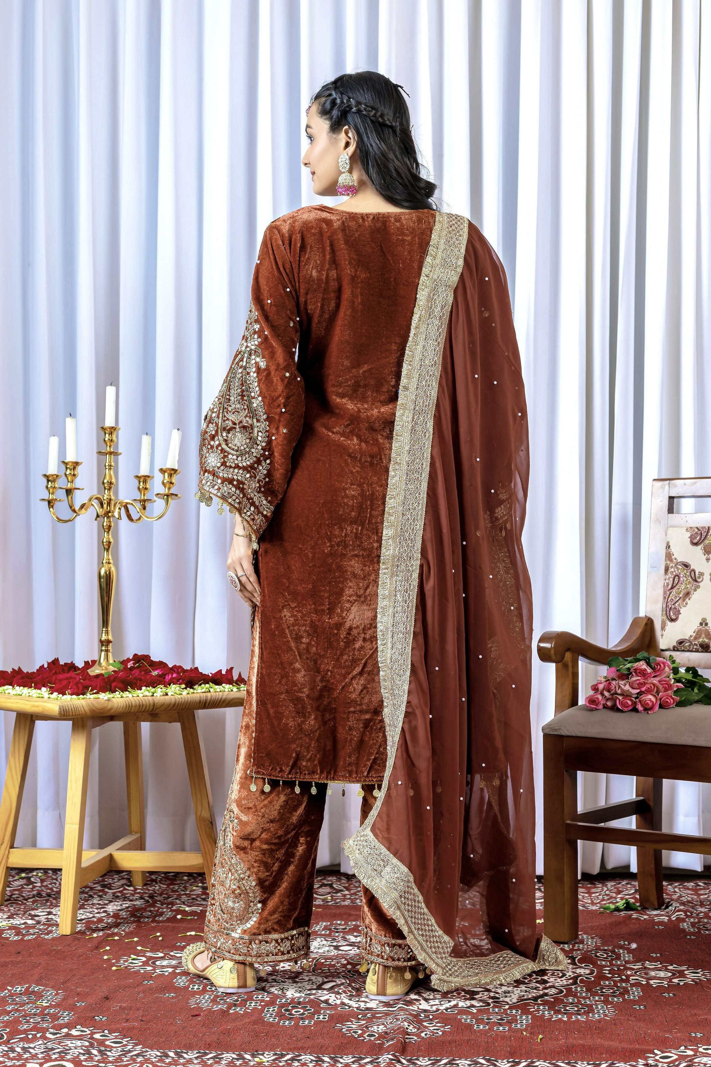 Teeya Creation Brown Color Velvet Silk Embroidery Work Party Wear Suit