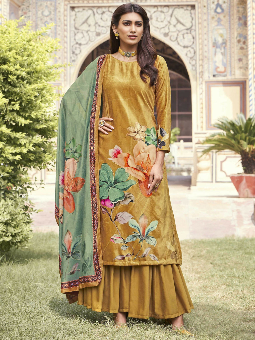Jyoti Fashion Women's Mustard Velvet Floral Digital Printed Kurta with Trouser & Dupatta