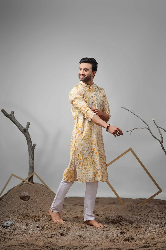 Yellow Modal Silk Designer Printed Kurta Set - Mahotsav