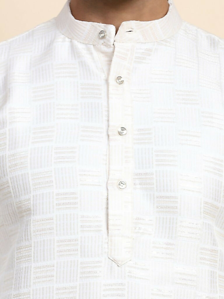 White Viscose Jacquard Woven Jacquard Designer Men's Rajwadi Kurta Set - Mahotsav