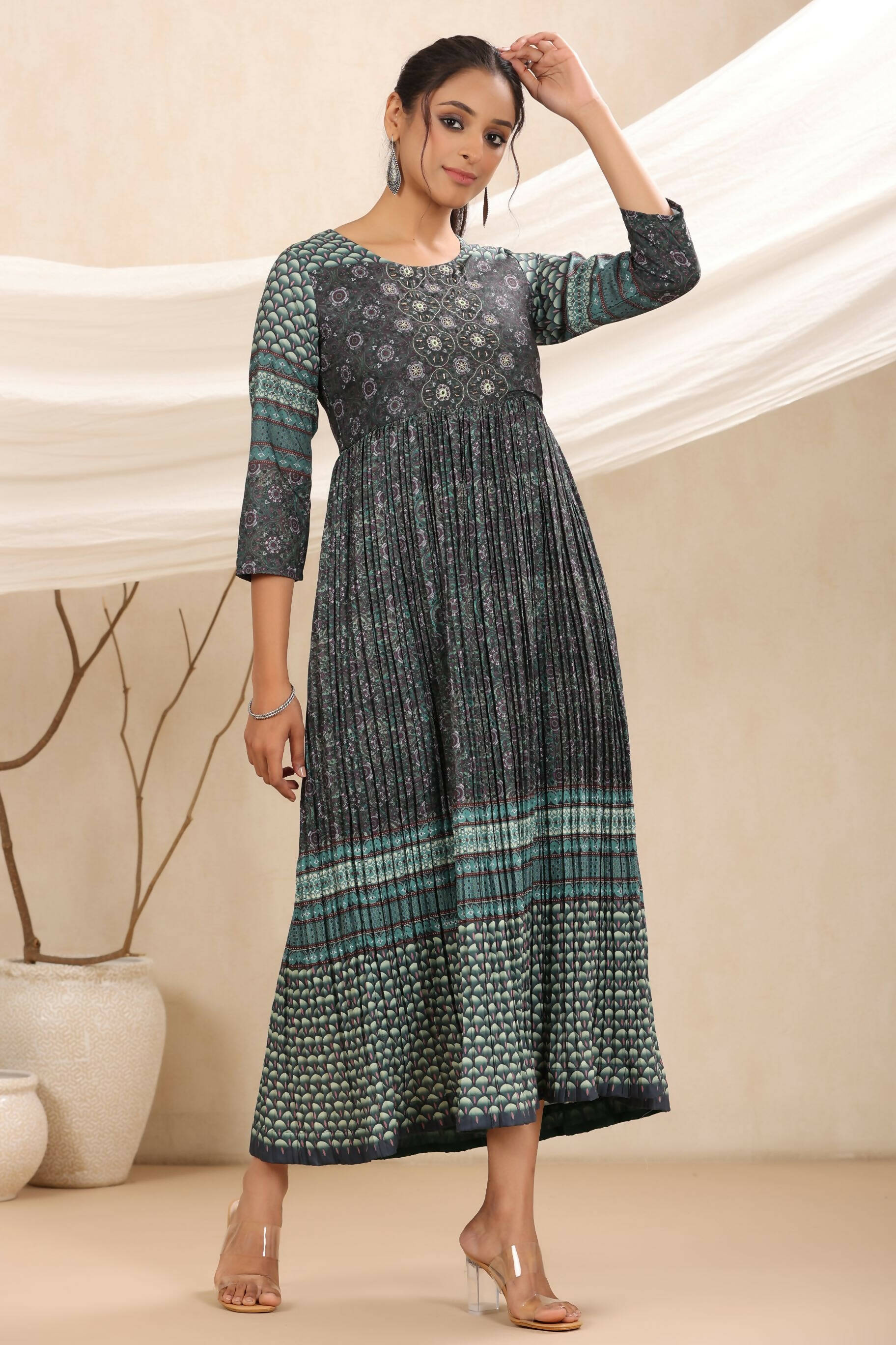 Juniper Bottle Green Muslin Festive Printed Flared Dress For Women