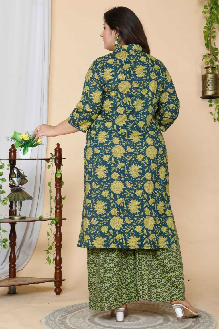 Miravan Women's Plus Size Green Floral Printed Cotton Kurta With Sharara & Dupatta Set