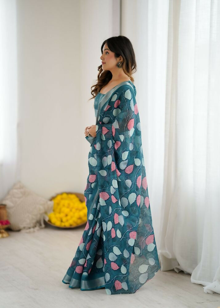 PR Fashion Morpich Linen Patta Printed Saree