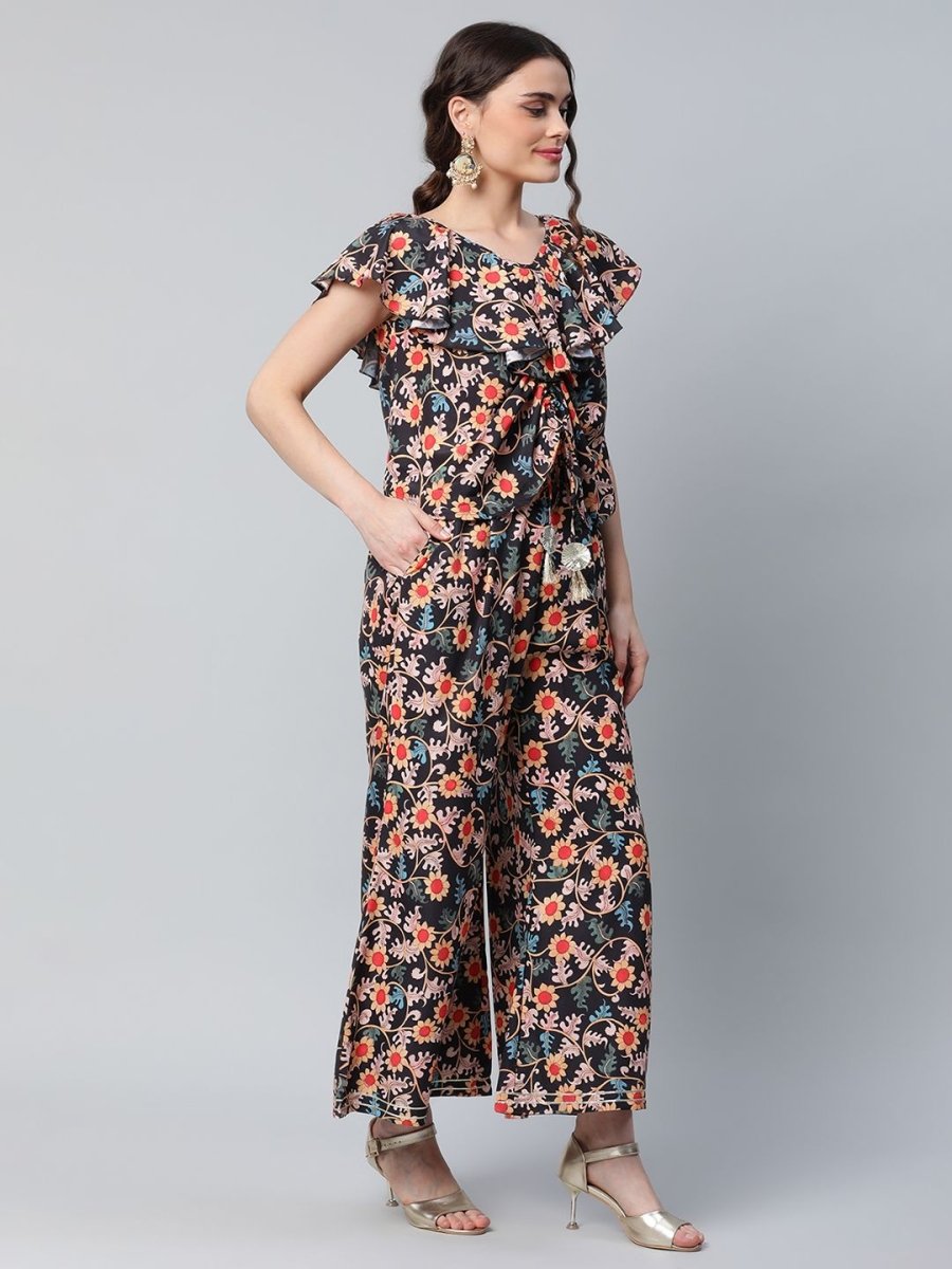 Ahalyaa Women Black Crepe Digital Print Top with Palazzo Set