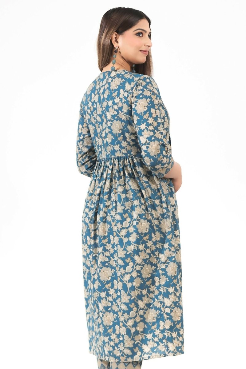 Aramya Blue Soft Cotton Gold foil A-line Kurta for Women