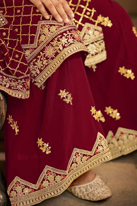 Maroon Heavy Chinon Semi Stitched Kurta with Bottom & Dupatta - Dhvani