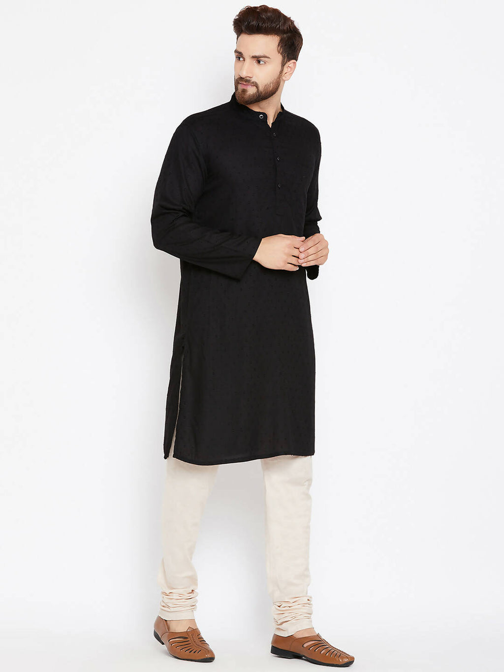 Even Apparels Black Pure Cotton Band Collar Men's Kurta