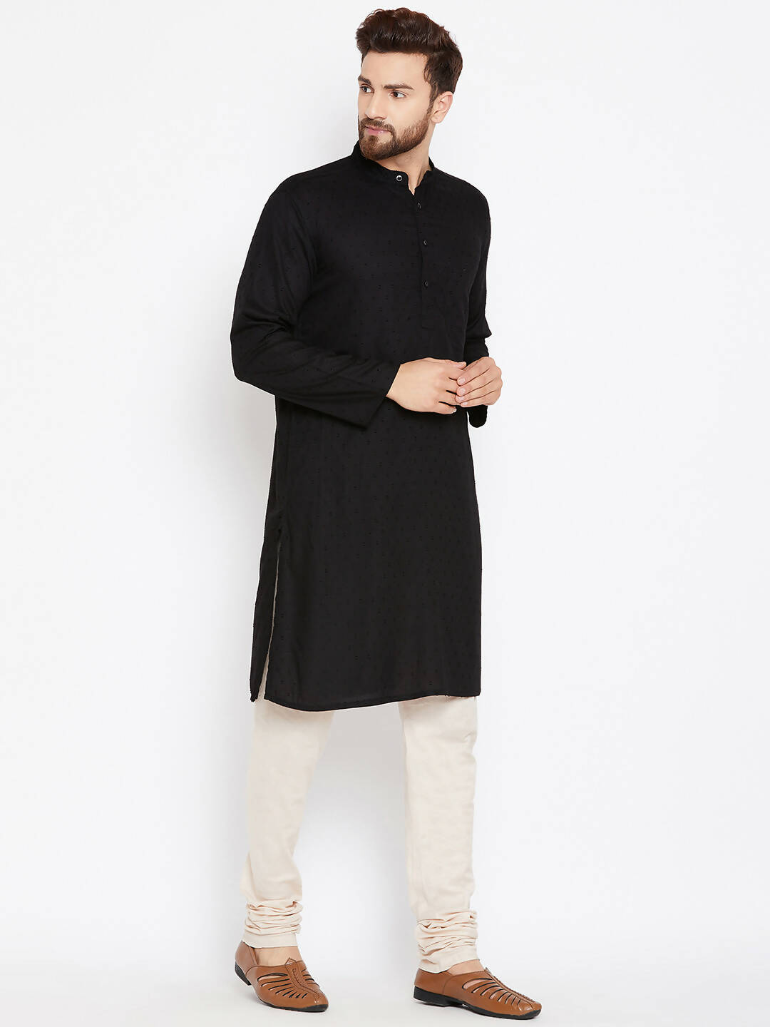 Even Apparels Black Pure Cotton Band Collar Men's Kurta