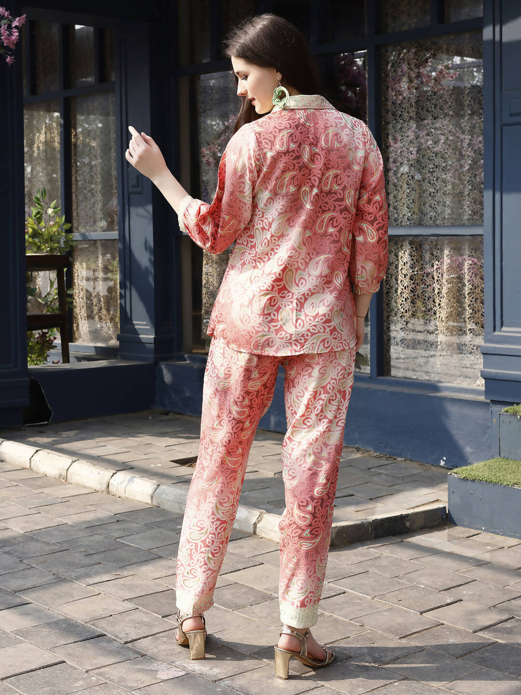 Red & Cream Rayon Paisley Printed Top with Matching Bottom - Eesha