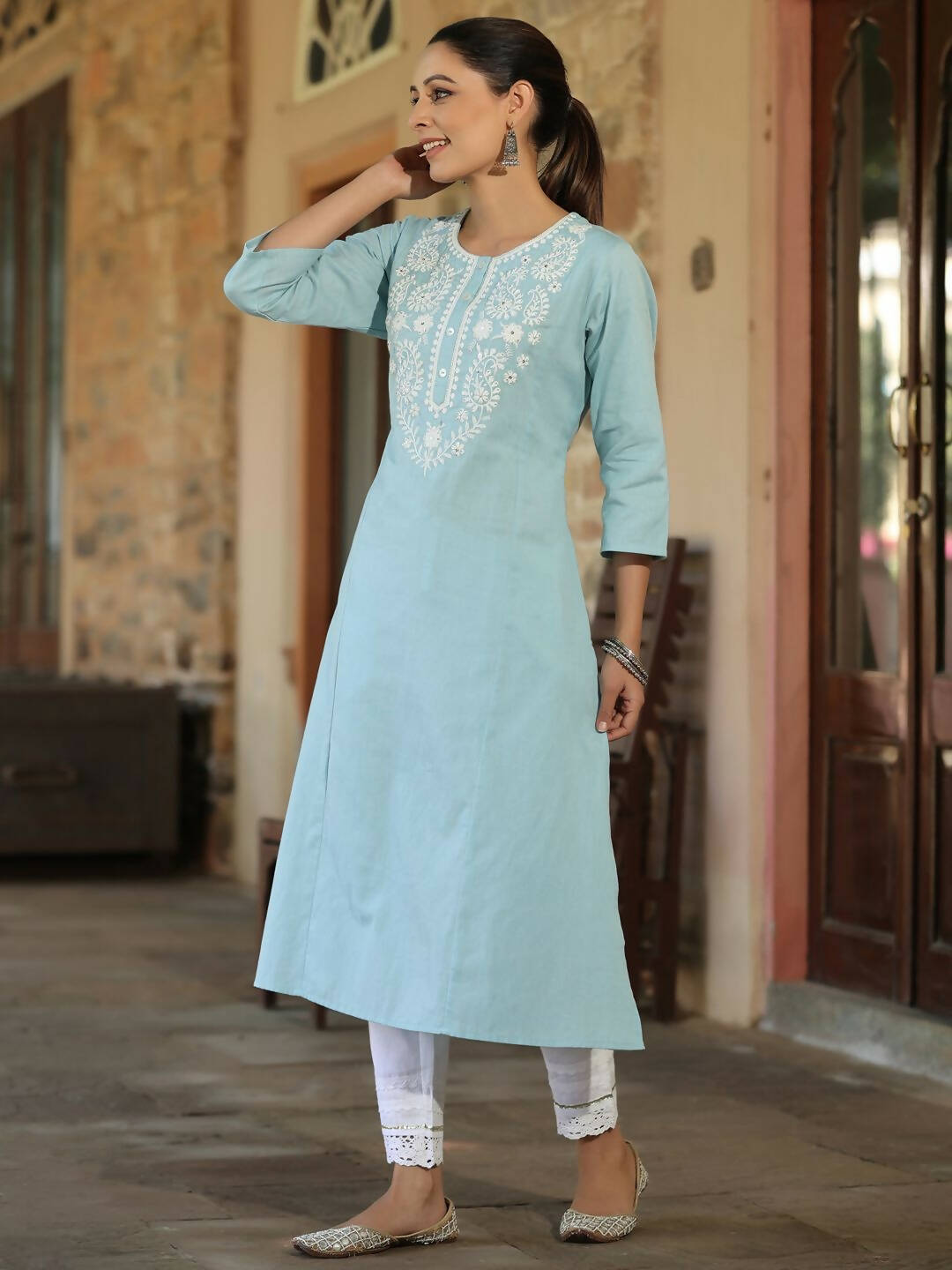 Juniper Women's Blue Cotton Flex Embroidered Straight Kurta