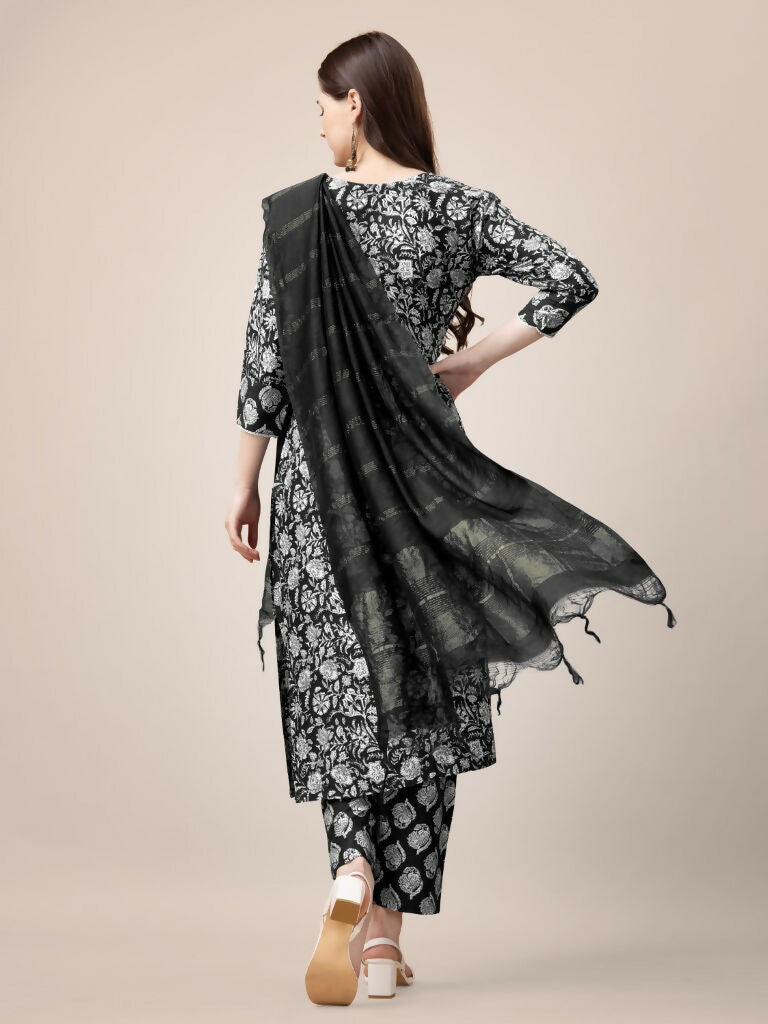Jyoti Fashion Women's Black Rayon Print with Embroidery & Fancy Lace Work Kurta with Trouser & Dupatta
