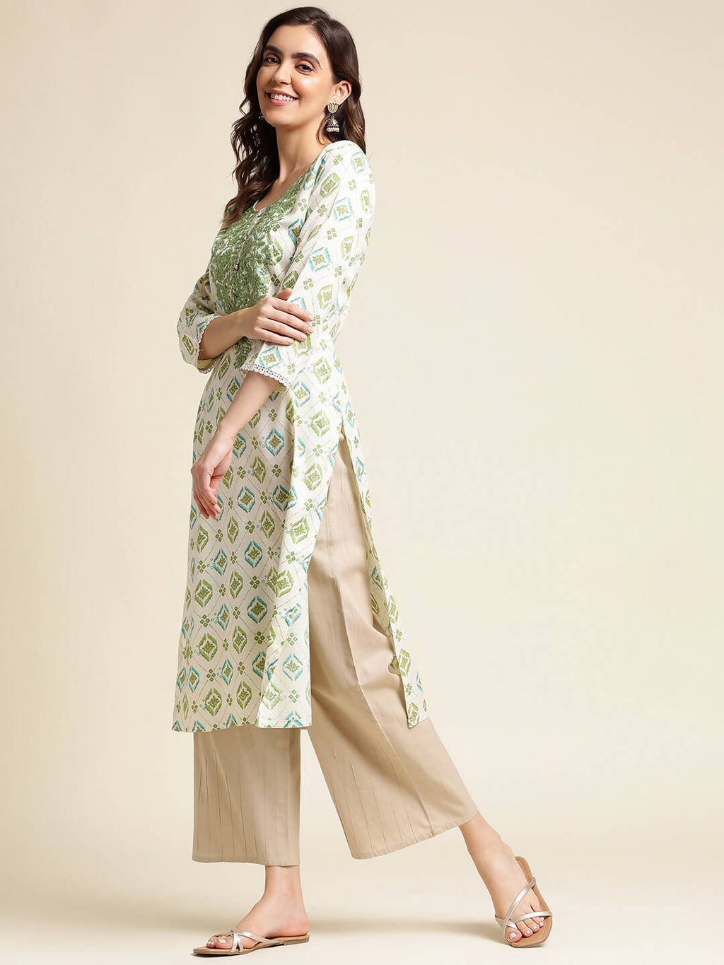 Green Poly Rayon Aztec Printed Straight Fit Kurta - Prasuti