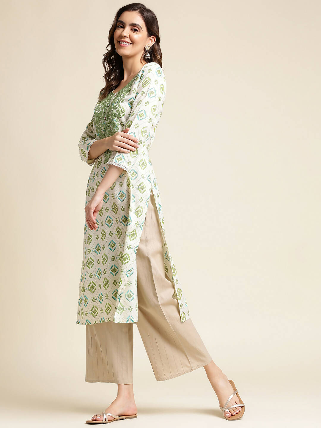 Green Poly Rayon Aztec Printed Straight Fit Kurta - Prasuti