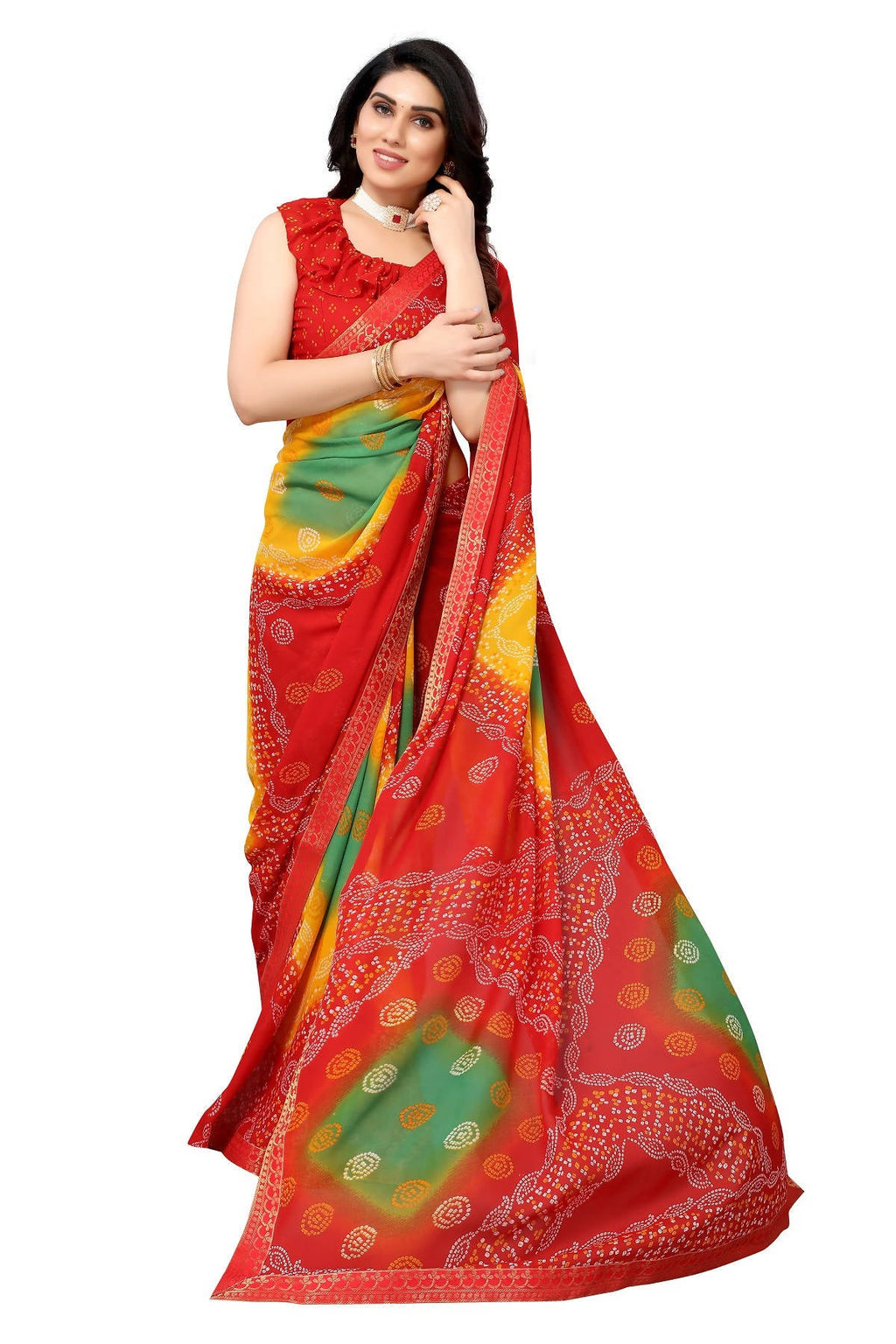 Vamika Ethnic Fire Red Printed With Lace Saree