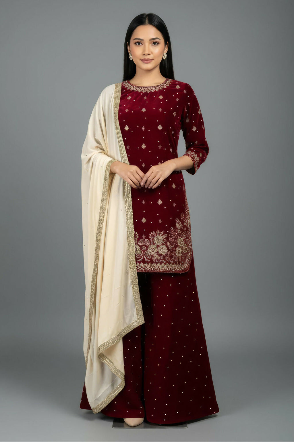 Joban Fashion Deep Maroon Velvet Embroidery Kurta Set
