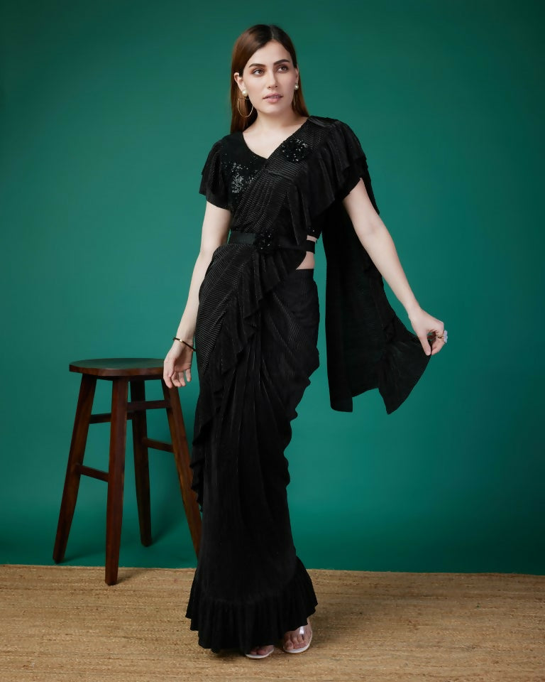 Black Imported Crush Solid Ready to Wear Saree with stitched Blouse - Aayan