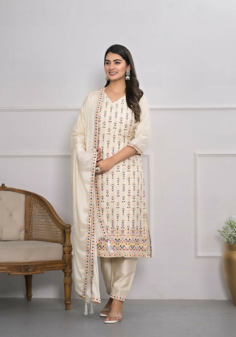 Cream Jequard Silk Embroidery with Thread and sequence Stitched Suit With Dupatta - Tanisha