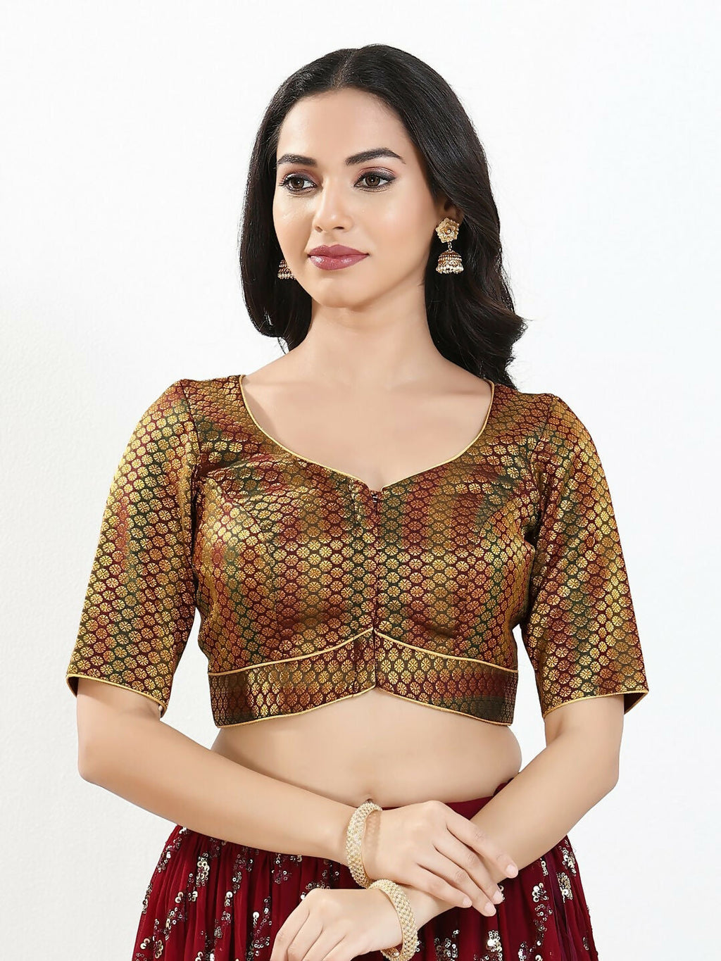 Joban Fashion Dark Maroon Brocade Padded Blouse With Sweetheart Neck Elbow Sleeves