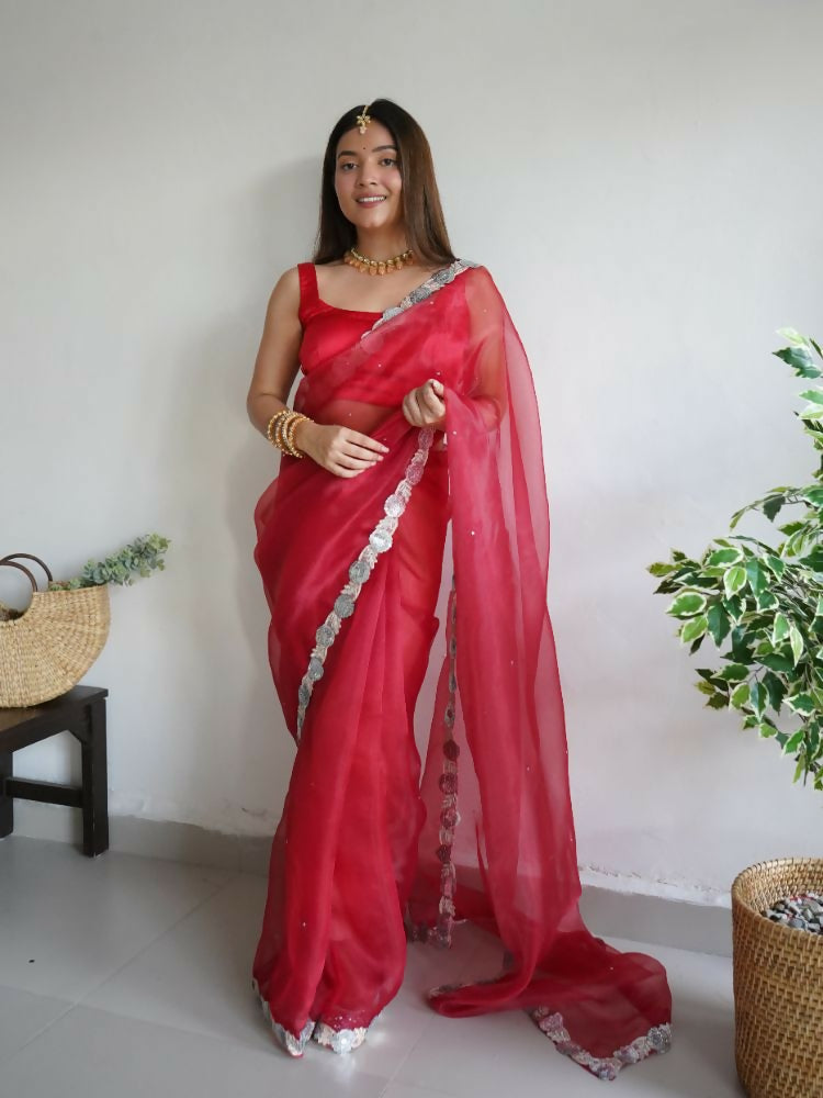 Vamsee Vanshika Red Organza Saree