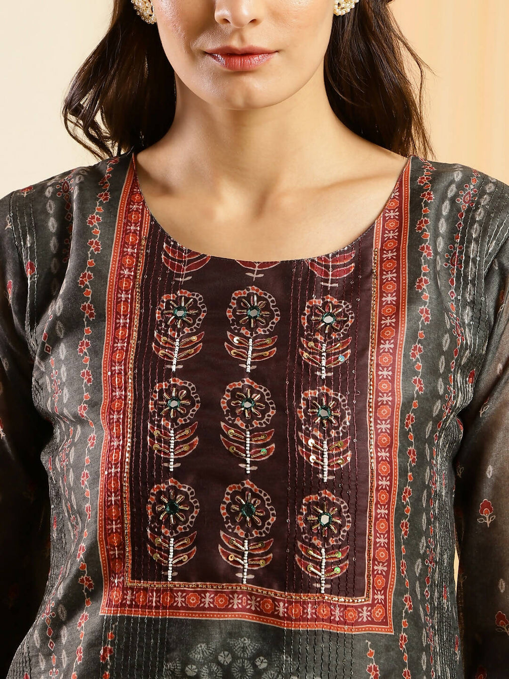Dark Green Chinon Digital Printed With Hand Work Kurta - Himanshi