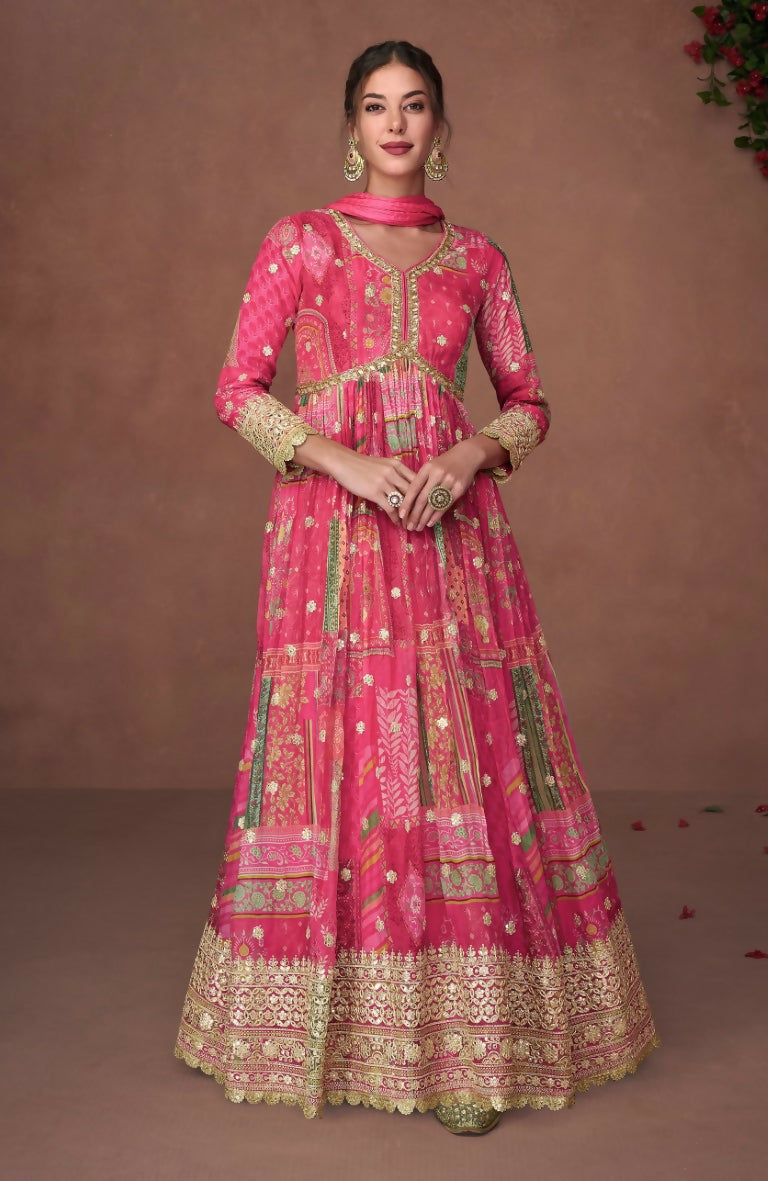 Vastranavya Pink Organza Silk Printed & Foil Mirror Work Anarkali Suit Set