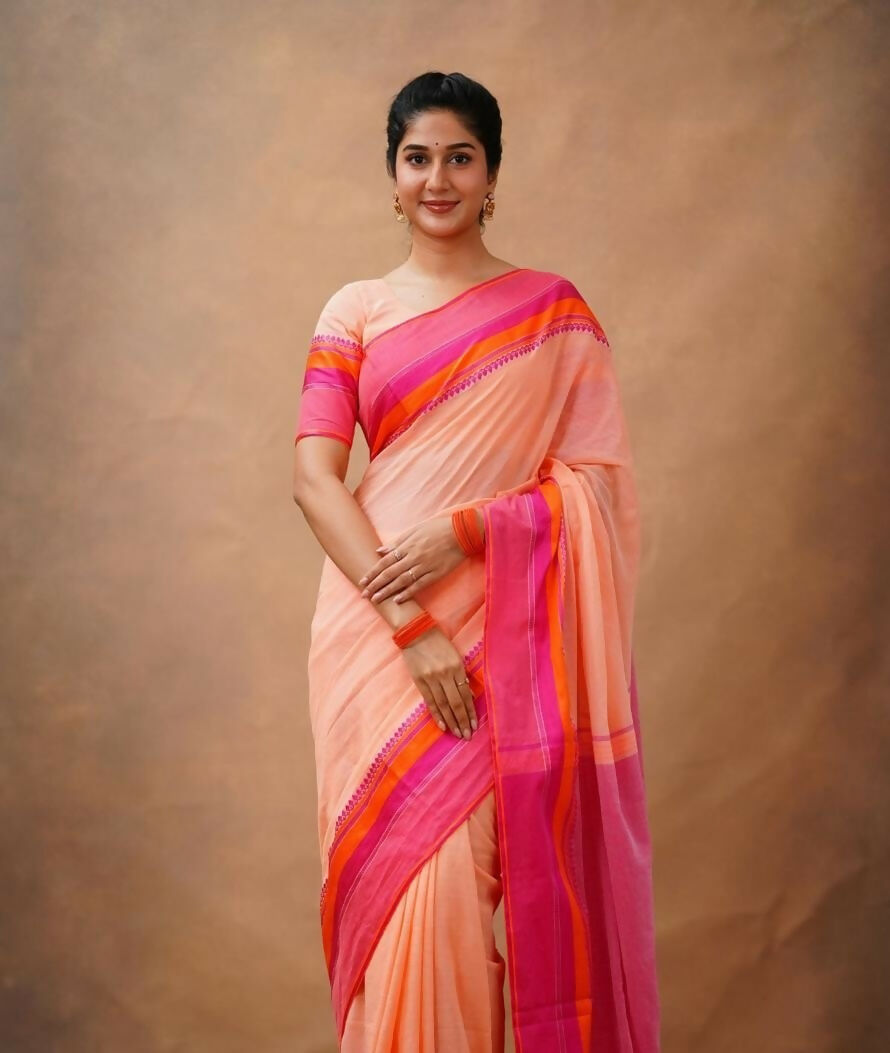 Exclusive Collection Light Orange Beautiful Khadi Cotton Handloom Saree
