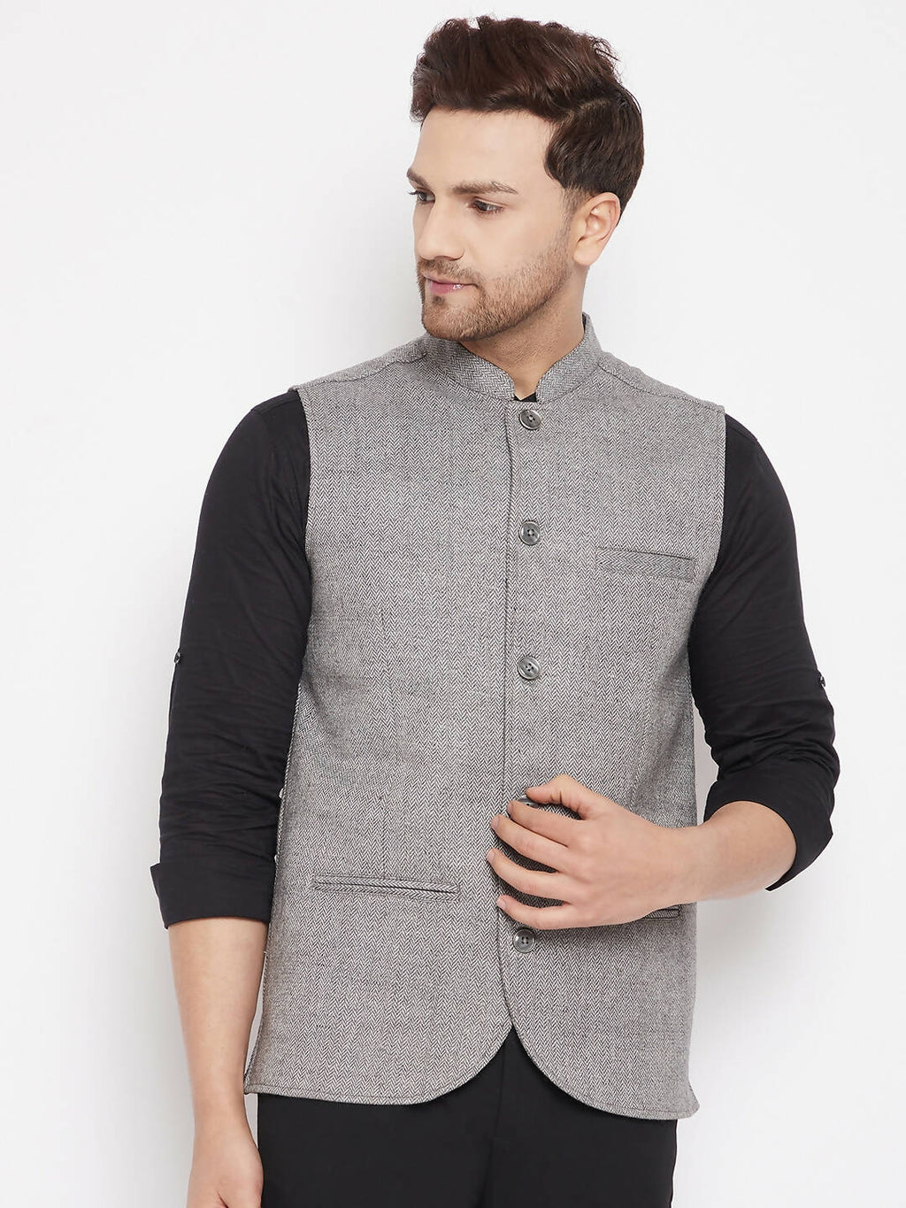 Even Apparels Grey Wool Men Woven Nehru Jacket WL730