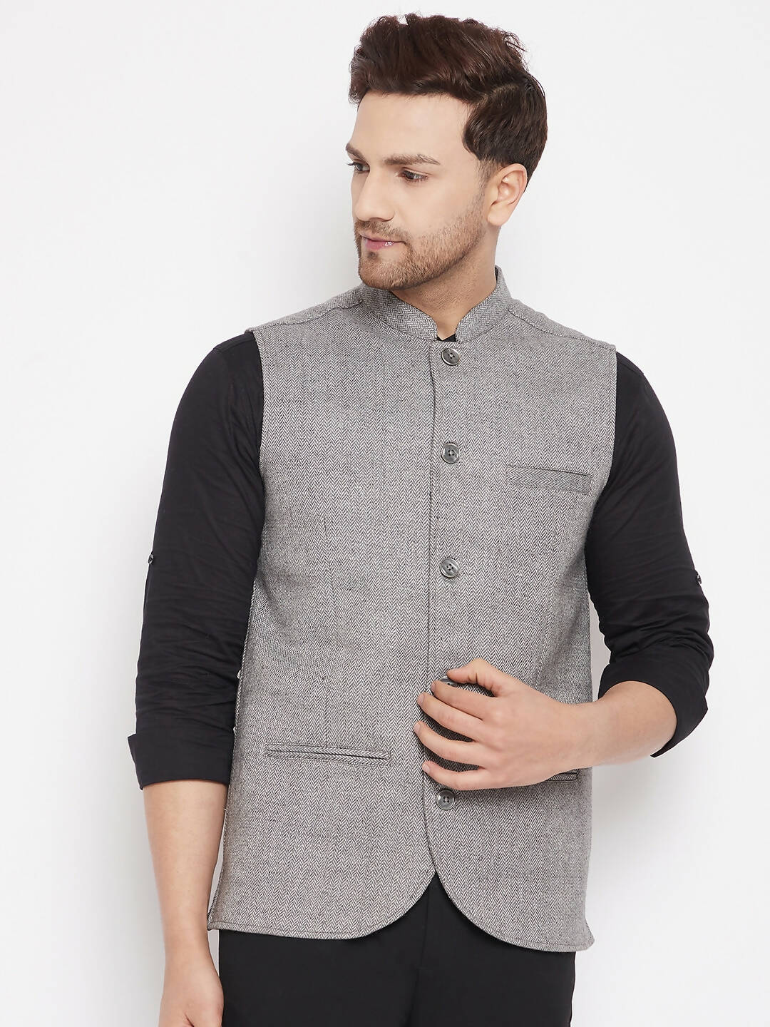Even Apparels Grey Wool Men Woven Nehru Jacket WL730