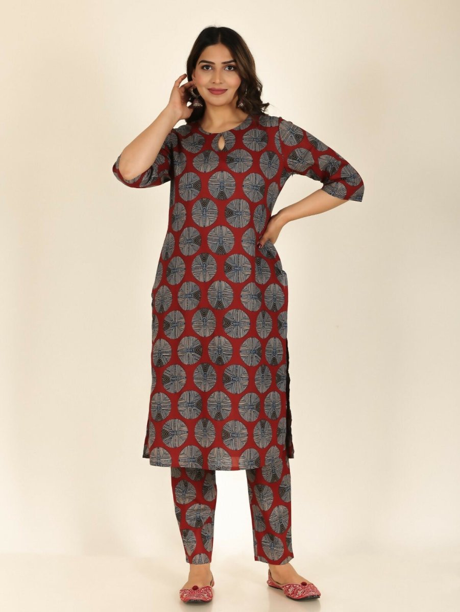 Aramya Red Soft Cotton Abstract Print Straight Kurta Palazzo Set for Women