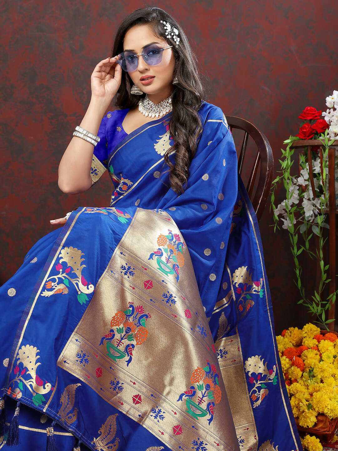 Lorenvalley Fashion Blue Soft Paithani Silk Woven Design Gold Zari Meenakari Weaving Saree
