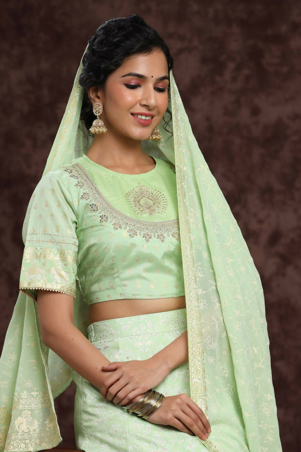 Juniper Women Mint Shantoon Embroidered Flared Lehenga Choli Sets