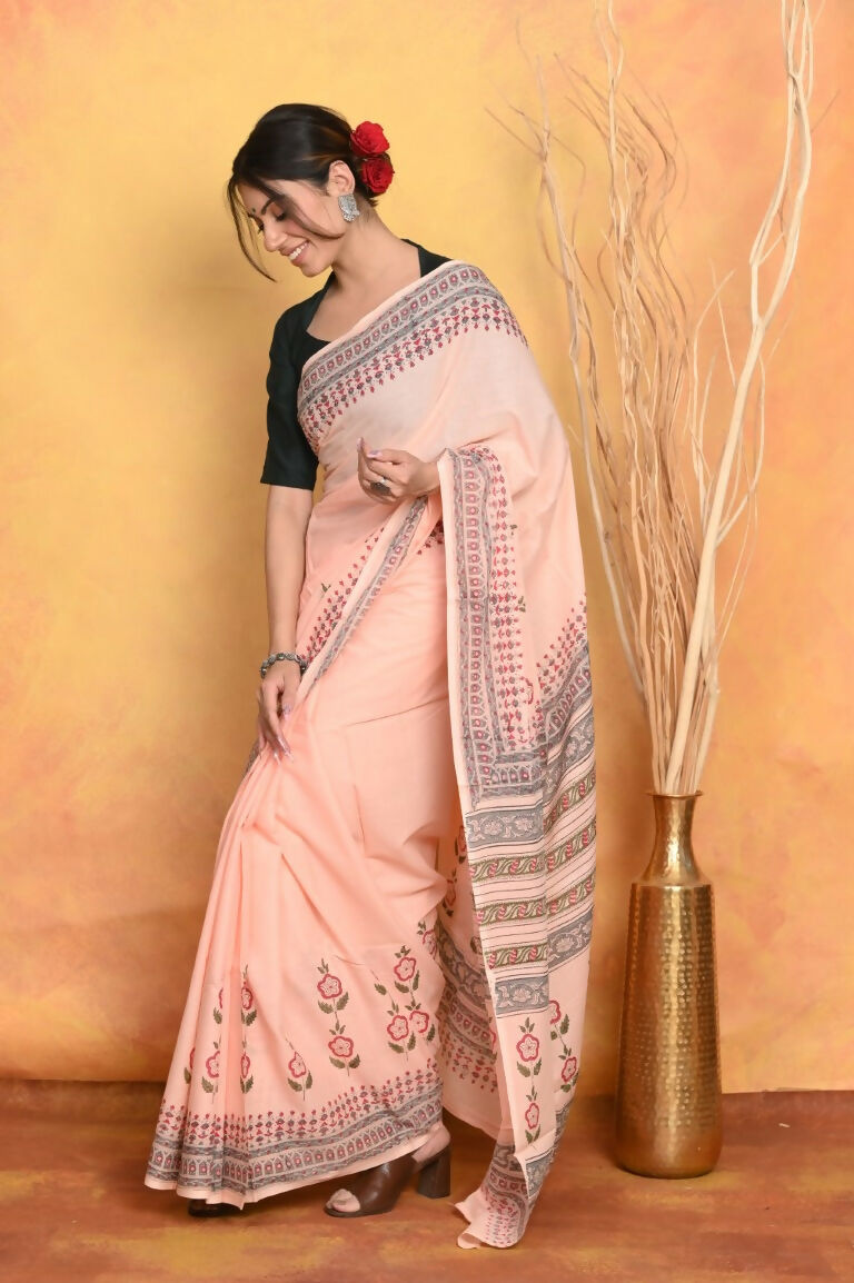 Very Much Indian Handblock Printed Cotton Saree With Natural Dyes - Peach