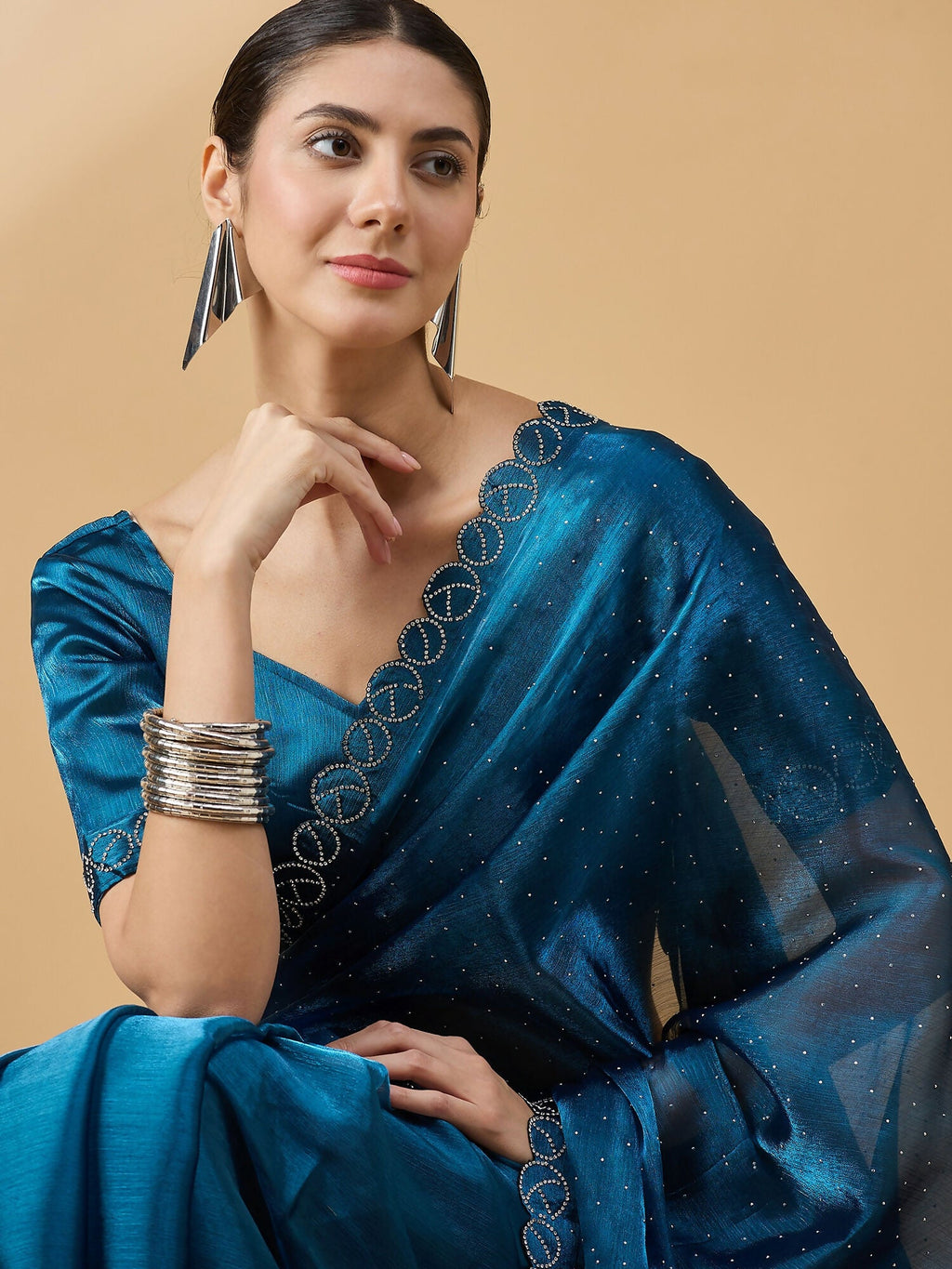Teal Organza Swaroski Diamond Work Saree with Unstitched Blouse - Radha