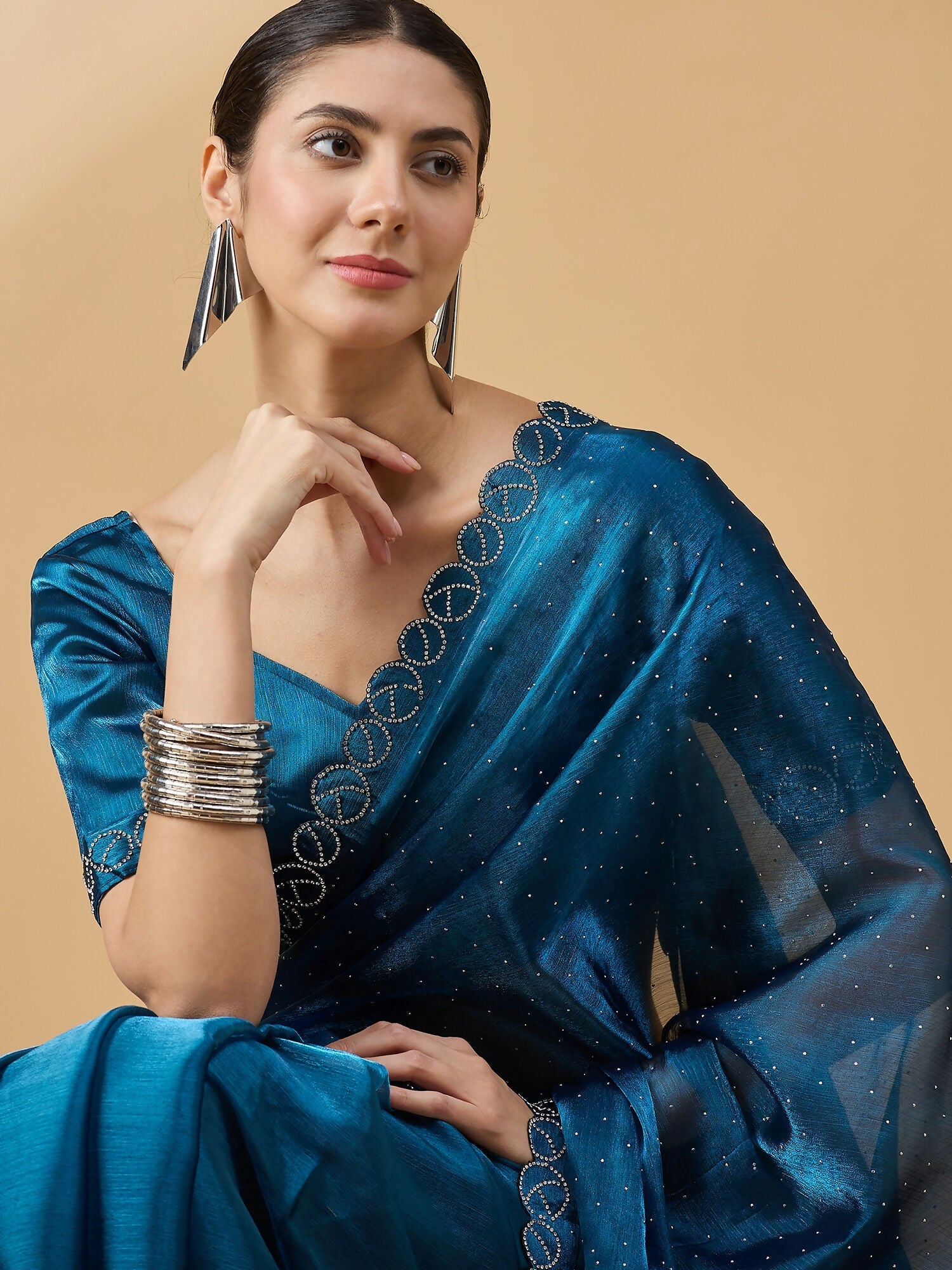 Teal Organza Swaroski Diamond Work Saree with Unstitched Blouse - Radha