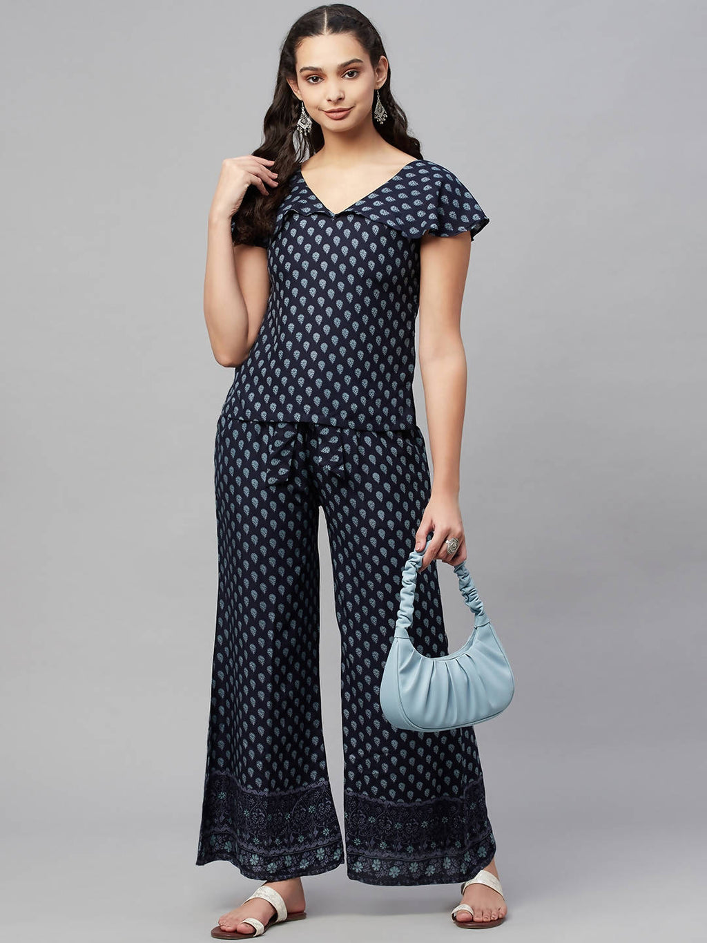 Myshka Women Blue Printed Top Palazzo Set