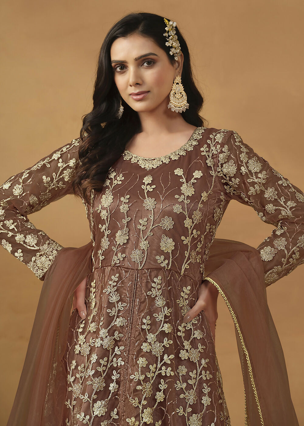 Pant Style Snuff Brown Embroidered Net Wedding Anarkali Suit - Emponline